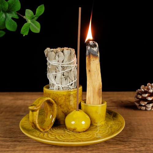 MOUGIGI 5.1-Inch 5-in-1 Yellow Ceramic Incense Holder - Fits Palo Santo, Sage, Incense Sticks/Cones, Small Candle, Smudge Burning Tray.Zen Altar for Meditation/Yoga, Aromatic Scents, Matches Friendly - color: Multifunctional Palo Plate-yellow