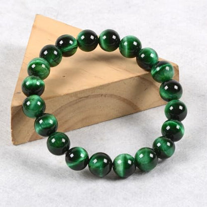 Justinstones Gem Semi Precious Gemstone 10mm Round Beads Stretch Bracelet 7 Inch Unisex - color: Dyed Green Tiger Eye