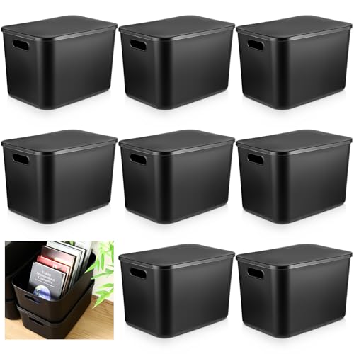 8 Pieces Colorful Storage Bins with Lid, Plastic Storage Basket Organizing Container Stackable Box with Handle for Shelves Desktop Playroom Office(14.2 x 10.2 x 9.5 Inch,Black) - color: Black, size: 14.2 x 10.2 x 9.5 Inch