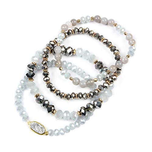 RIAH FASHION Bohemian Acrylic Druzy Multi-Layer Bead Statement Bracelet - Versatile Faux Stone Pendant Stretch Strand Stackable Cuff Bangle Set Sparkly Crystal - color: Oval Acrylic Druzy - Gray