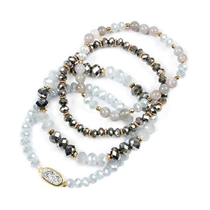 RIAH FASHION Bohemian Acrylic Druzy Multi-Layer Bead Statement Bracelet - Versatile Faux Stone Pendant Stretch Strand Stackable Cuff Bangle Set Sparkly Crystal - color: Oval Acrylic Druzy - Gray