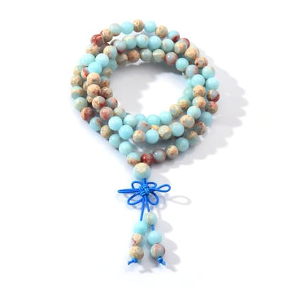 108 Mala Prayer Beads Bracelet 6mm Genuine Gemstone Healing Crystal Stone Beaded Bracelet Buddhist Tibetan Handmade Knotted Elastic Necklace for Yoga Meditation Unisex Women Men - color: Blue Imperial Jasper