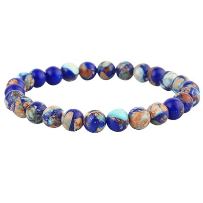 Handmade Natural Imperial Jasper Gem Semi Precious Gemstone 8mm Round Beads Stretch Bracelet 7" Unisex - color: Blue