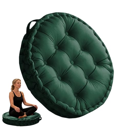 Meditation Floor Pillow, 23.6" Round Thick Cushion with Handle, Velvet Floor Cushion Seat Cushion for Yoga Living Room Tatami, Meditation Cushion for Adults, Dark Green
