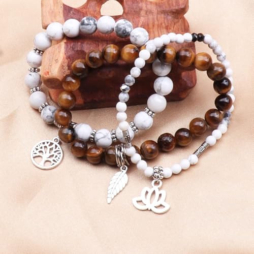 Tree of Life Yoga Healing Stone Bracelets,Multilayer Lotus Chakra Stone Reiki Bracelet Sets,Anxiety Crystal Natural Stone,for Women Stress Relief - style: White turquoise+Tiger's Eye stone
