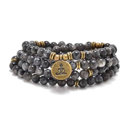 108 Mala Beads Bracelet Necklace with Yoga Symbol Buddha Charm – Gold-Plated Meditation Jewelry, Healing Stone, Ideal Spiritual Gift for Yoga & Meditation - style: Labradorite