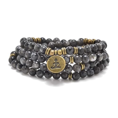 108 Mala Beads Bracelet Necklace with Yoga Symbol Buddha Charm – Gold-Plated Meditation Jewelry, Healing Stone, Ideal Spiritual Gift for Yoga & Meditation - style: Labradorite