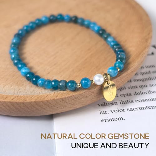 Morchic 4mm Natural Gemstone Beads Stretch Bracelet for Women, With Freshwater Pearls, Energy Gem Birthday Gift for Her 7.2” - color: Apatite