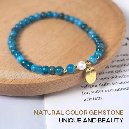 Morchic 4mm Natural Gemstone Beads Stretch Bracelet for Women, With Freshwater Pearls, Energy Gem Birthday Gift for Her 7.2” - color: Apatite