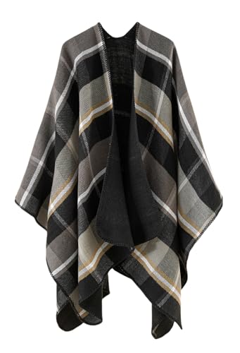Shawl Wraps for Women, Elegant Knitted Cape Open Front Poncho Scarf Blanket Cardigan Coat for Spring, Autumn, and Winter - color: Gray Black Khaki