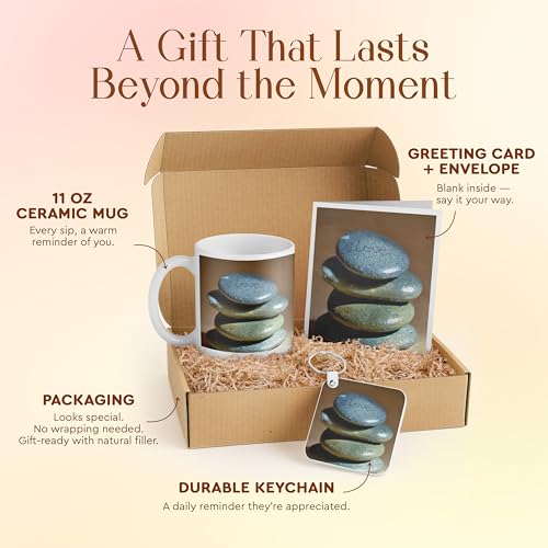 3dRose Mindfulness Gift Set: Mug, Keychain, Inspirational Card & Stacked Polished Stones for Yoga Enthusiasts & Stress Relief