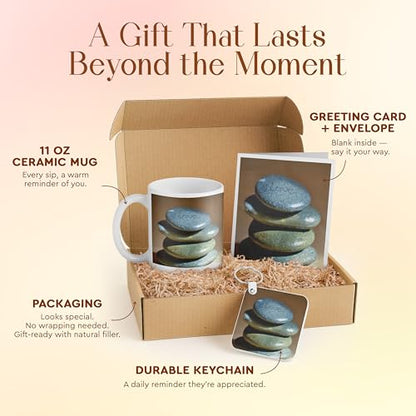 3dRose Mindfulness Gift Set: Mug, Keychain, Inspirational Card & Stacked Polished Stones for Yoga Enthusiasts & Stress Relief