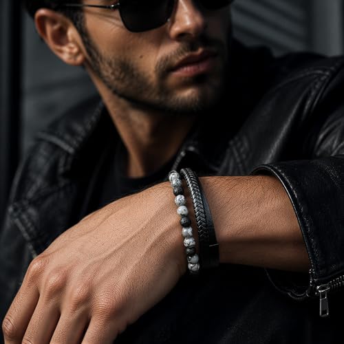 Premium Men’s Bracelet | Leather Bracelet for Men | Beaded Bracelets Black Onyx & Tiger-Eye Beads | Brown Leather Jewelry with Adjustable Stainless-Steel Clasp | Gift Dad Husband Son Boyfriend - color: Black/Grey