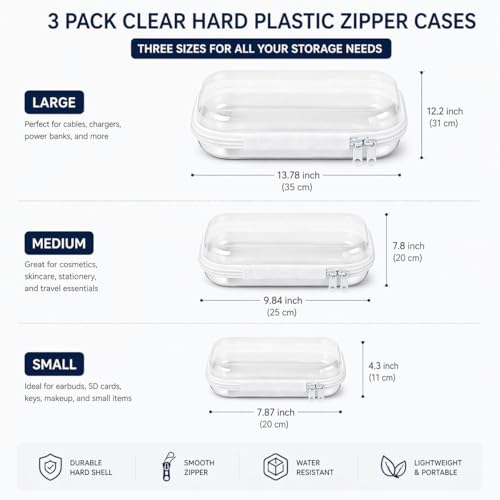 3-Pack Clear Hard Shell Zipper Cases, Crush-Proof Transparent TSA Approved Organizer Bags for Makeup, Cosmetics, Toiletry, Diaper, Toys, Tech & Art Supplies Small Medium Large