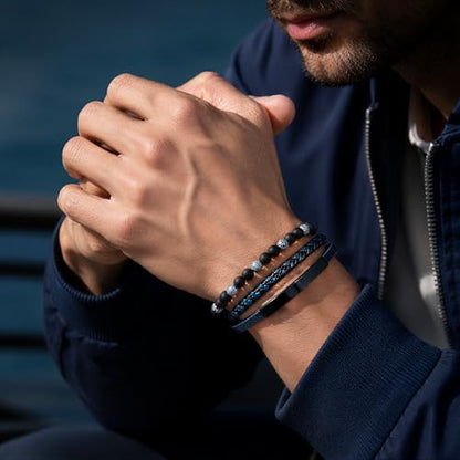 Premium Men’s Bracelet | Leather Bracelet for Men | Beaded Bracelets Black Onyx & Tiger-Eye Beads | Brown Leather Jewelry with Adjustable Stainless-Steel Clasp | Gift Dad Husband Son Boyfriend - color: Blue/Black