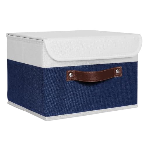 ANMINY Storage Boxes with Lids Washable Decorative Storage Bins Basket with PU Leather Handle Foldable Linen Fabric Storage Cubes Containers for Home Closet Organizer - Deep Blue White, Small Size - color: Deep Blue White, size: Small (Pack of 1)