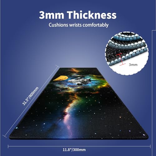 XXL Gaming Mouse Pad with Stitched Edges for PC Home & Office - Curious Cat Flying Through Galaxy Space Reaching for a Taco Cute Kitten Funny Design, Smooth Fabric Surface Large Desk Mat - color: Curious Cat
