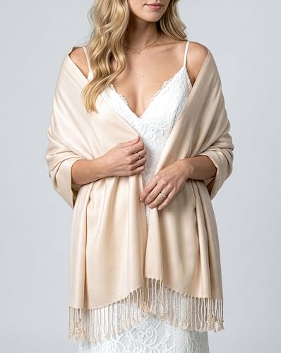 Achillea Lightweight Pashmina Scarf for Women – Soft Silky Shawl Wrap for Evening Dresses, Bridesmaids & Everyday Wear - color: Cream/Beige