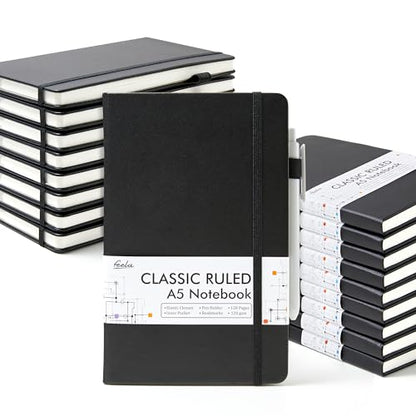 feela 18 Pack Journal Notebook for Work, Business Notebook Bulk Hardcover Lined Writing Journal with Pen Holder for Men Women Note Taking, with 18 Black Pens, 120 GSM, 5.1”x8.3”, A5, Black
