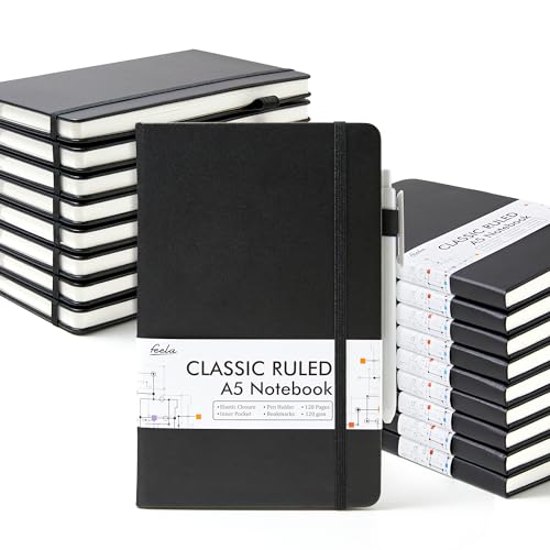 feela 18 Pack Journal Notebook for Work, Business Notebook Bulk Hardcover Lined Writing Journal with Pen Holder for Men Women Note Taking, with 18 Black Pens, 120 GSM, 5.1”x8.3”, A5, Black