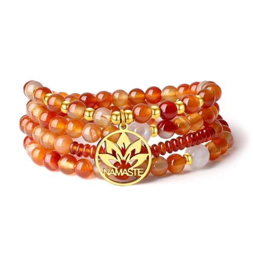 COAI Japamala Namaste Charm 108 Mala Beads Wrap Bracelet Stone Beaded Necklace - style: Orange Agate