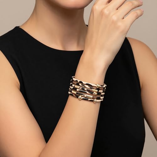 Fesciory Leather Wrap Bracelets for Women, Boho Leopard Multi-Layer Crystal Beads Cuff Bracelet Jewelry - color: Brown Leopard