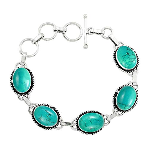 Oval Shape Natural & Synthetic Gemstones 925 Silver Plated Handmade Link Bracelets for Women - Birthstone Vintage Style Bohemian Adjustable Bracelet - Gifts for Wedding Anniversary Christmas - color: Turquoise