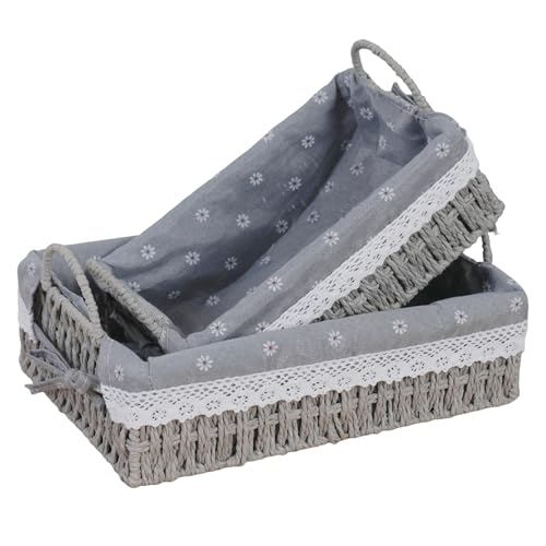 Paper Rope Basket for Organizer on Shelves,Set of 2 Handmade Grey Woven Rectangle Storage Basket Set with Handles and Removable Liners,Ideal for Cosmetics, Toys, Snacks