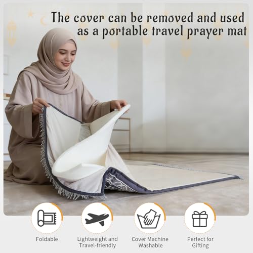Muslim Prayer Mat, 2-in-1 Washable Prayer Rug with Removable Cover, Thick Padded Foam Janamaz Sajadah, Non Slip Islamic Prayer Mat for Men Women, Travel 31.5"x47.2" - color: Black