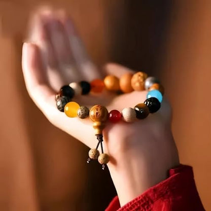 Handmade 18-Bead Bodhi Bracelet with Natural Crystals Chakra Balancing Feng Shui Jewelry for Meditation, Positive Energy & Spiritual Protection, Buddhist Wood Bead Accessory for Men/Women