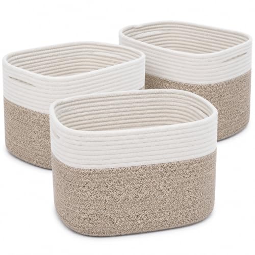 Brown Cotton Rope Baskets for Shelves, Set of 3 - 15"×10"×9½" - Woven Storage Baskets for Organizing - Closet, Nursery, Bedroom, Playroom - Toys, Books, Towels, Clothes - color: Brown / Off-White