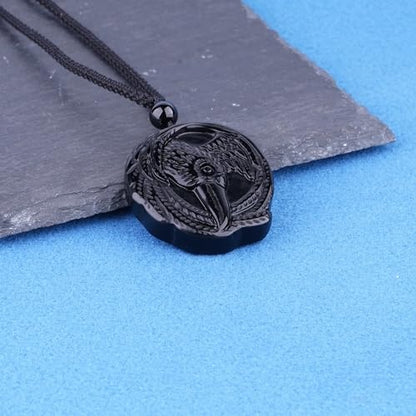 Black Obsidian Necklace Natural Crystal Amulet Protection Pendant with Adjustable Rope Lucky Talisman Necklaces Jewelry Gift for Men Women - color: Eagle