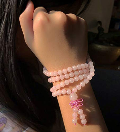 AD Beads 6mm Natural Healing Gemstones Buddhist 108 Prayer Mala Stretchy Bracelet Necklace - color: Rose Quartz