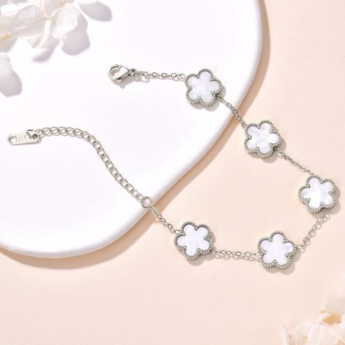FLY FEI 18K Gold-Plated Four Leaf Clover Bracelet for Women,Adjustable lucky Bracelet Set Jewelry Gift-Hypoallergenic Charm for Birthdays, Wellness & Daily Wear - color: style02-White(silvery)