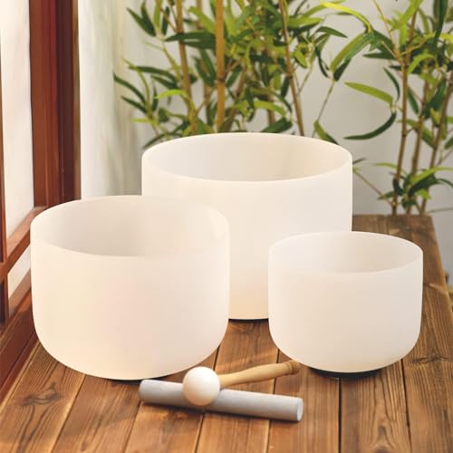 Hye-eun 3pcs 8"B 10"F 12"C Frosted Quartz Crystal Singing Bowl Set 432hz with Free Carry Bag Mallets & Rubber for Sound Healing Bath Keep Balance Therapy Meditation Yoga