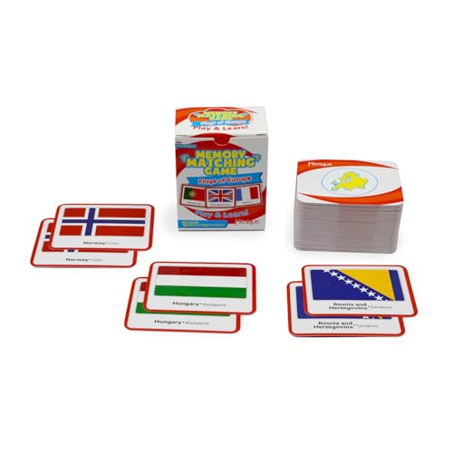 Menique Flags of Europe Memory Matching Game – 100 Cards (50 Pairs) with Flag, Country & Capital – Educational Geography Game for Kids and Adults - style: Flags of Europe