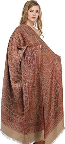 Exotic India Reversible Jamawar Shawl with Woven Paisleys - Wool - color: Light Taupe
