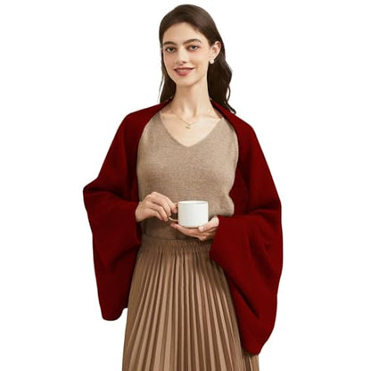 BRYCTSISEN Women's Lightweight Wool Shawl Wrap Scarf with Sleeves Outer Warm Knitted Open Front Poncho Cape Fall Winter - color: Wine Red