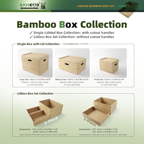 2-Piece Large Bamboo Storage Box Set - 7.1in High Stackable Deep-Drawer Organizer, Lidless Bin for Kitchen Cutlery Utensils, Home & Office (14.6"x10.2"x7.1"+14.6"x10.2"x3.1")