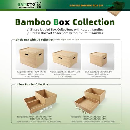 2-Piece Large Bamboo Storage Box Set - 7.1in High Stackable Deep-Drawer Organizer, Lidless Bin for Kitchen Cutlery Utensils, Home & Office (14.6"x10.2"x7.1"+14.6"x10.2"x3.1")