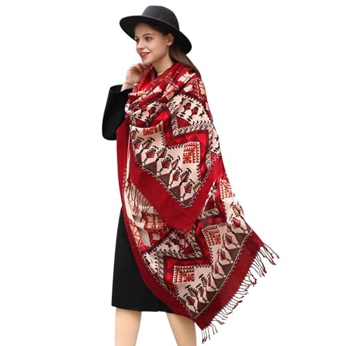 100% Merino Wool Pashmina Shawl for Women 96"x43", Oversized Cashmere Wrap with Tassels, Floral Travel Blanket Cape - color: Crimson Camel Folk Diamonds