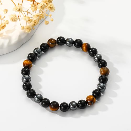 Healing Crystal Bracelet for Women, Natural Stone Beaded Healing Crystal Bracelet Triple Protection Stress Relief Beads Jewelry Birthday Gifts Jewelry for Her - style: Triple Protection