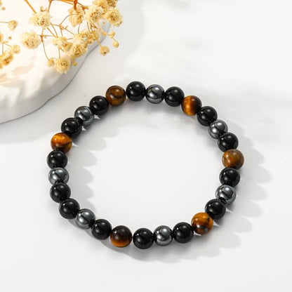Healing Crystal Bracelet for Women, Natural Stone Beaded Healing Crystal Bracelet Triple Protection Stress Relief Beads Jewelry Birthday Gifts Jewelry for Her - style: Triple Protection