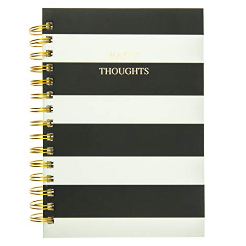 Graphique Classic Charm Hard Cover Journal w/ Elegant Black and White Stripes & "Happy Thoughts" in Embellished Gold Foil Across the Cover, 160 Ruled Pages, 6.25" x 8.25" x 1"