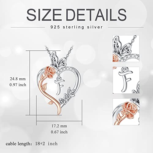 TOUPOP Gifts for Women Her 925 Sterling Silver Rose Heart Initial Necklace Butterfly Heart Jewelry Anniversary Birthday Gifts for Wife Girlfriend Mom - color: F Initial