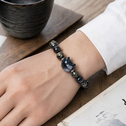 Beaded Bracelets for Women, Black Obsidian Money Attraction Bracelet, 8mm Healing Relax Anxiety Luck Crystal Bead Bracelets, Adjustable Jewelry Feng Shui Stretch Bracelet Cat Lover Gifts for Women Men