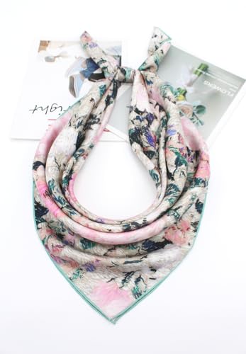 ANDANTINO 100% Pure Mulberry Silk Scarf 35" Large Square Lightweight Headscarf –Women’s Hair Wraps-With Gift Packed - color: Pink&green-twill