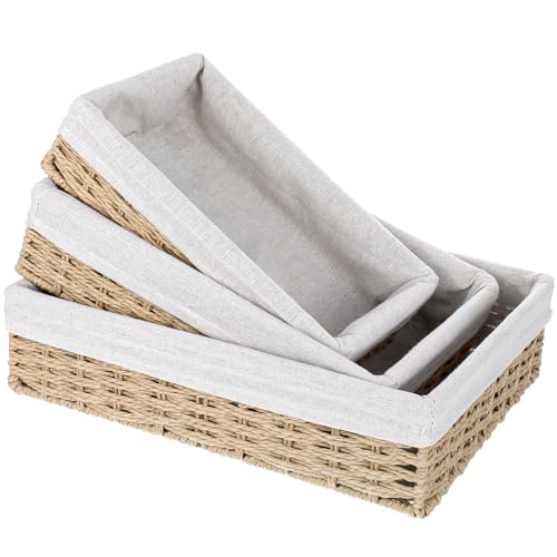 3 Pack Small Wicker Baskets for Organizing,Paper Rope Storage Basket，Desk Basket With Liner,Hand Towel Baskets, Baskets for Drawer Organizing, Toilet Tank Basket
