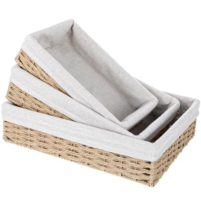 3 Pack Small Wicker Baskets for Organizing,Paper Rope Storage Basket，Desk Basket With Liner,Hand Towel Baskets, Baskets for Drawer Organizing, Toilet Tank Basket