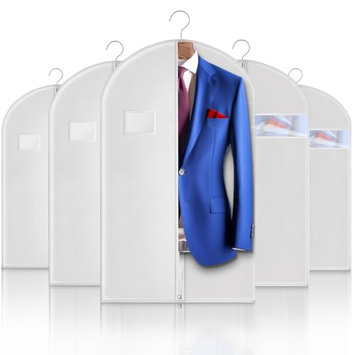 Hleelomi 5 Pack 40-inch Suit Bag Garment Bag for Travel and Storage, Garment Bags for Hanging Clothes with Zipper and Visible Transparent Window, White - color: White, size: 40“ （5 pack)